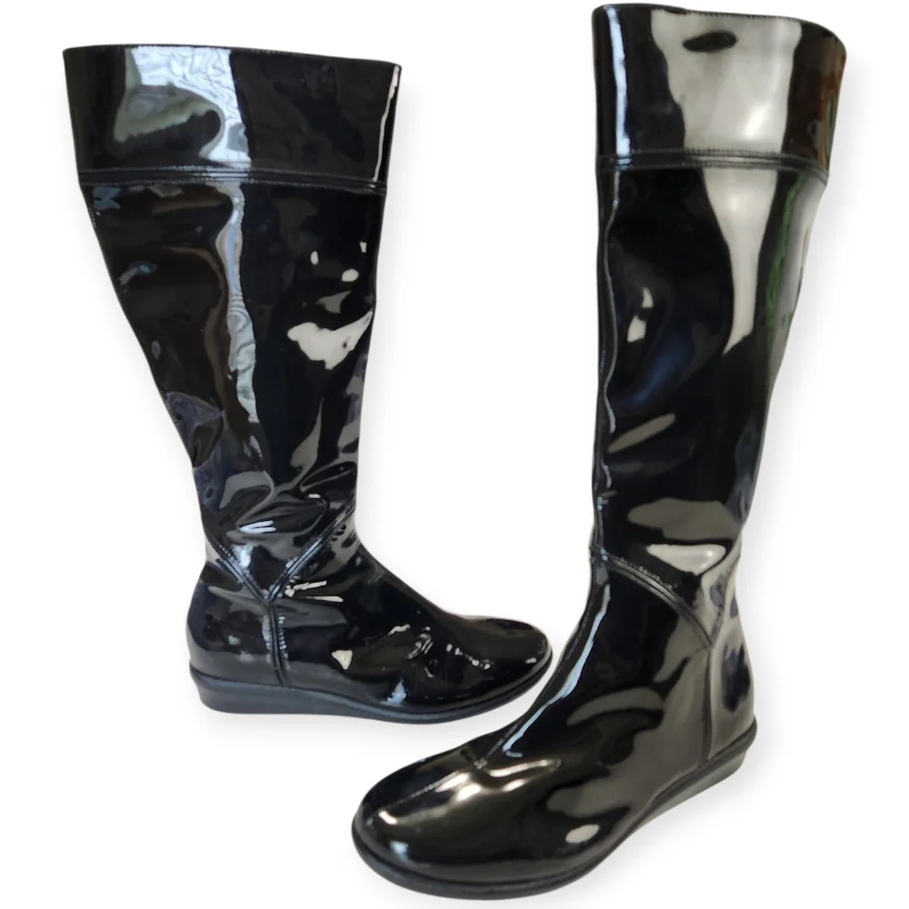 Cole Haan Air Lizzie Black Patent Leather Waterproof Equestrian Boots Size 8AA